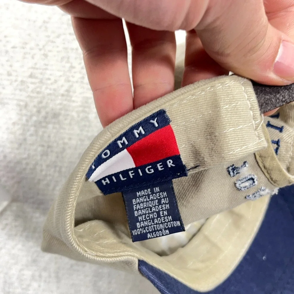 Vintage‎ Tommy Hilfiger Hat Cap Leather Strap Back Tan Blue Spell Out Basketball
